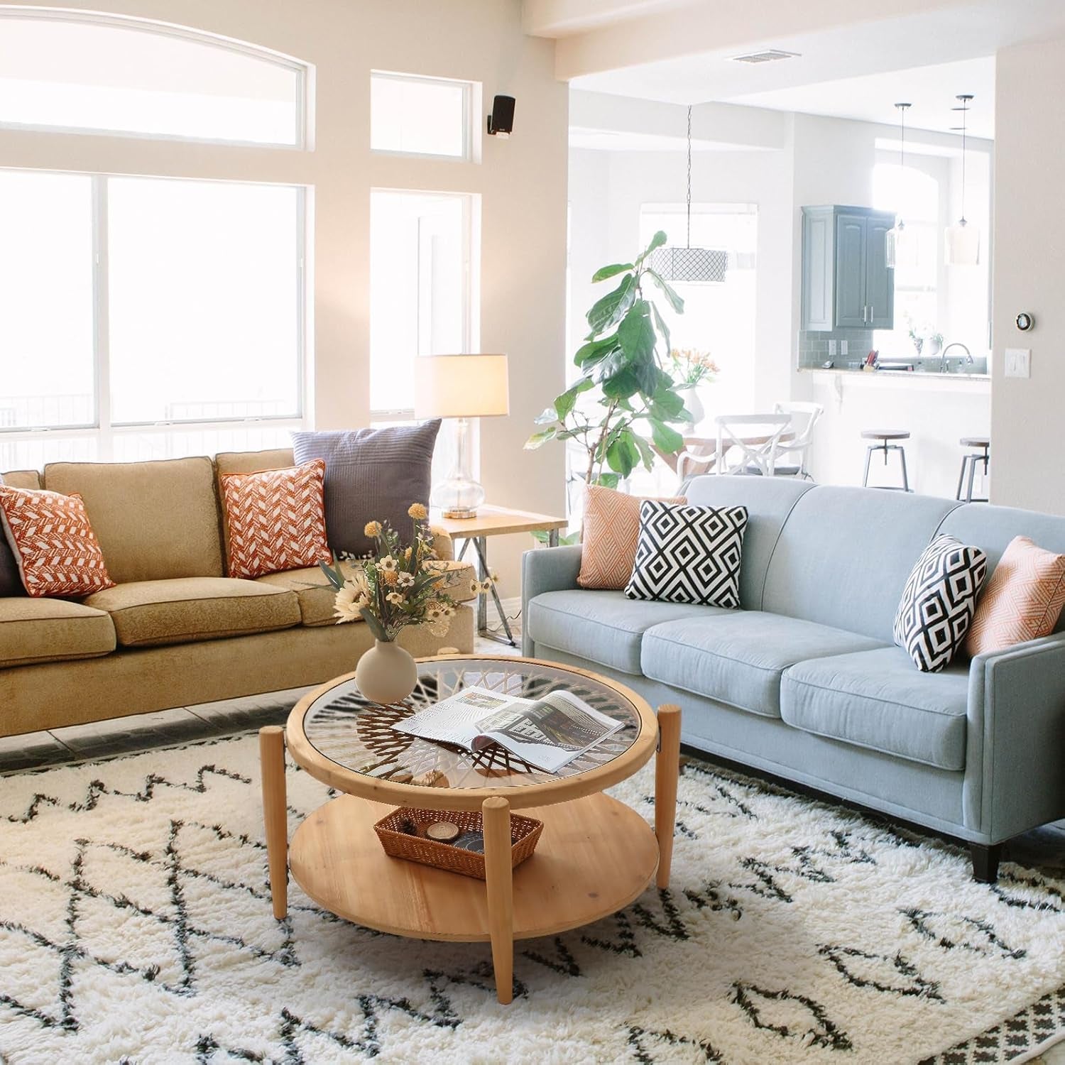 Rattan Coffee Tables,2-Tier round Boho Cocktail Tables, Mid Century Modern Coffee Table with Rattan & Tempered Glass Top and Wood Legs, Sofa Table for Living Room(Natural)