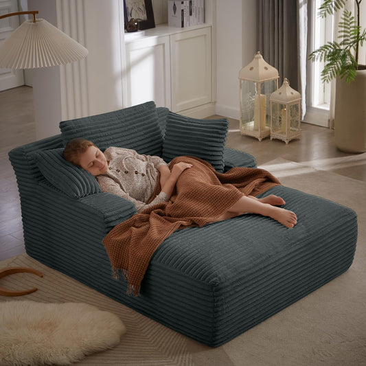 50 Inch Chaise Lounge Chair Indoor, Oversized Corduroy Upholstered Boneless Sofa Bed, Deep Seat Sleeper Couch Reading Chairs, Cloud Sofas Couches for Living Room, No Assembly Required (Dark Grey)