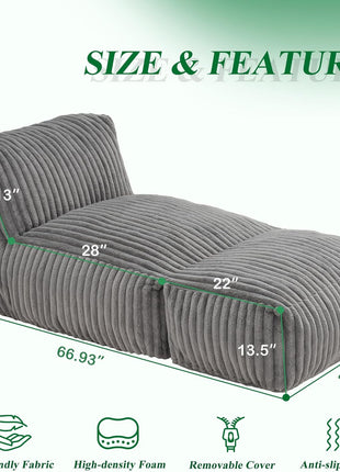 Large Bean Bag Lounger Chair for Adults with Memory Foam Filling - Ideal for Living Room, Bedroom, or Balcony (Stripe Grey)