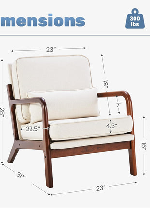 Set of 2 Mid-Century Modern Accent Chairs with Armrests and Cushions, Perfect for Living Room and Bedroom, Solid Wood Frame, Cream Finish