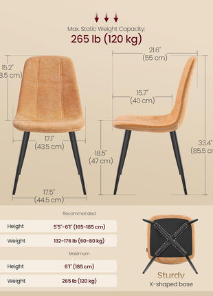 Set of 2 Dining Room Chairs with Metal Frame, Adjustable Feet, and Easy-to-Clean Glacier-Textured Synthetic Leather in Caramel Brown - Ideal for Kitchen Use UKDC187K01