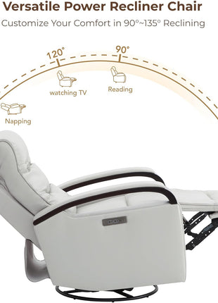 Genuine Leather Power Swivel Glider Rocker Recliner Chair, FSC Certified Mid-Century Modern Design with Adjustable Power Headrest for Nursery and Living Room, Creamy Grey