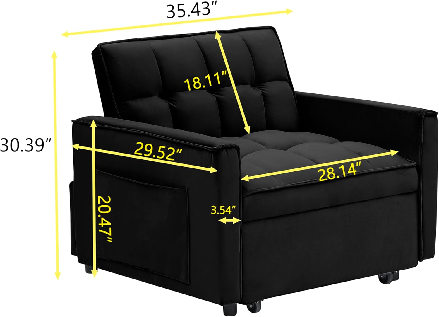 Convertible Sleeper Chair, Pull Out Chair Sleeper with Adjustable Back & Pocket, Chairs Bed Sleepers for Adults, 3 in 1 Sofa Bed Chairs for Small Spaces, Living Room, Black