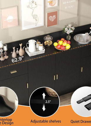 63" Black Fluted Sideboard Buffet Cabinet with Drawers and Storage for Modern Kitchens and Living Rooms