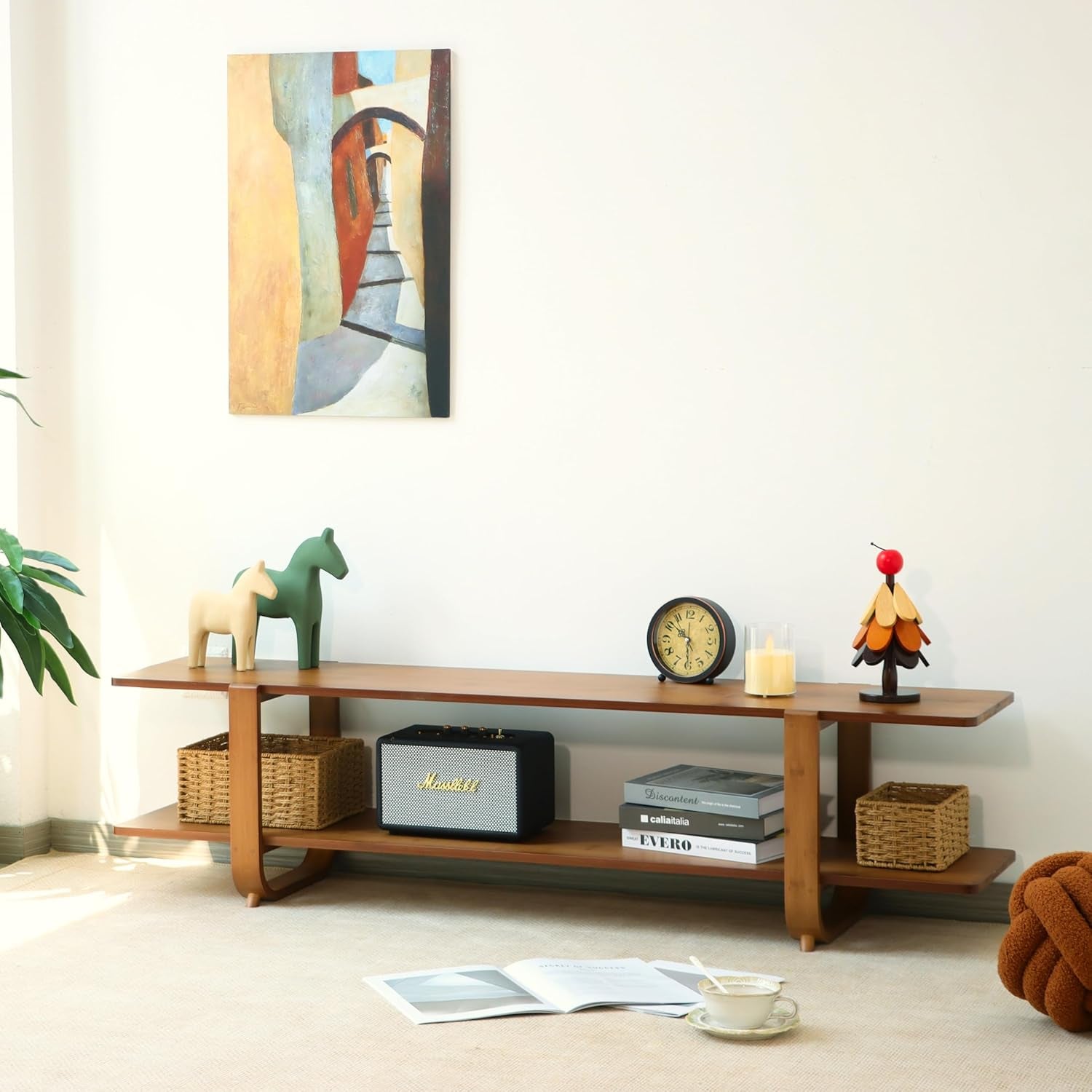 Bamboo TV Stand for Tvs up to 65", Media TV Console Table with Storage, Accent Entertainment Center with Shelf, Modern TV Stand for Living Room, Bedroom, 55"(L), Walnut