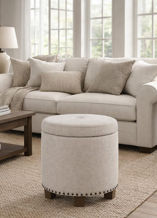 Upholstered Round Storage Ottoman with Nailhead Trim in Light Brown Fabric for Living Room and Bedroom