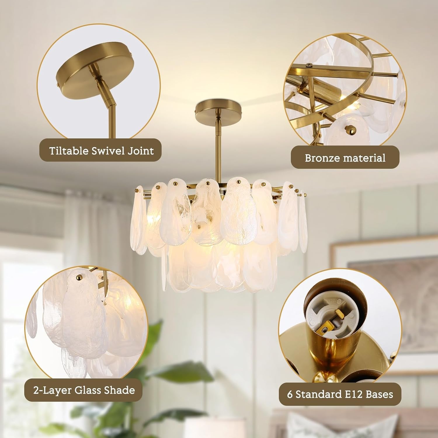 Modern Gold Chandeliers, 17.7" Luxury Cloud Glass Light Fixture, 2-Layer round Ceiling Hanging Light Fixture for Bedroom Dining Room Kitchen Island Living Room Entryway Bar Farmhouse 6-Light