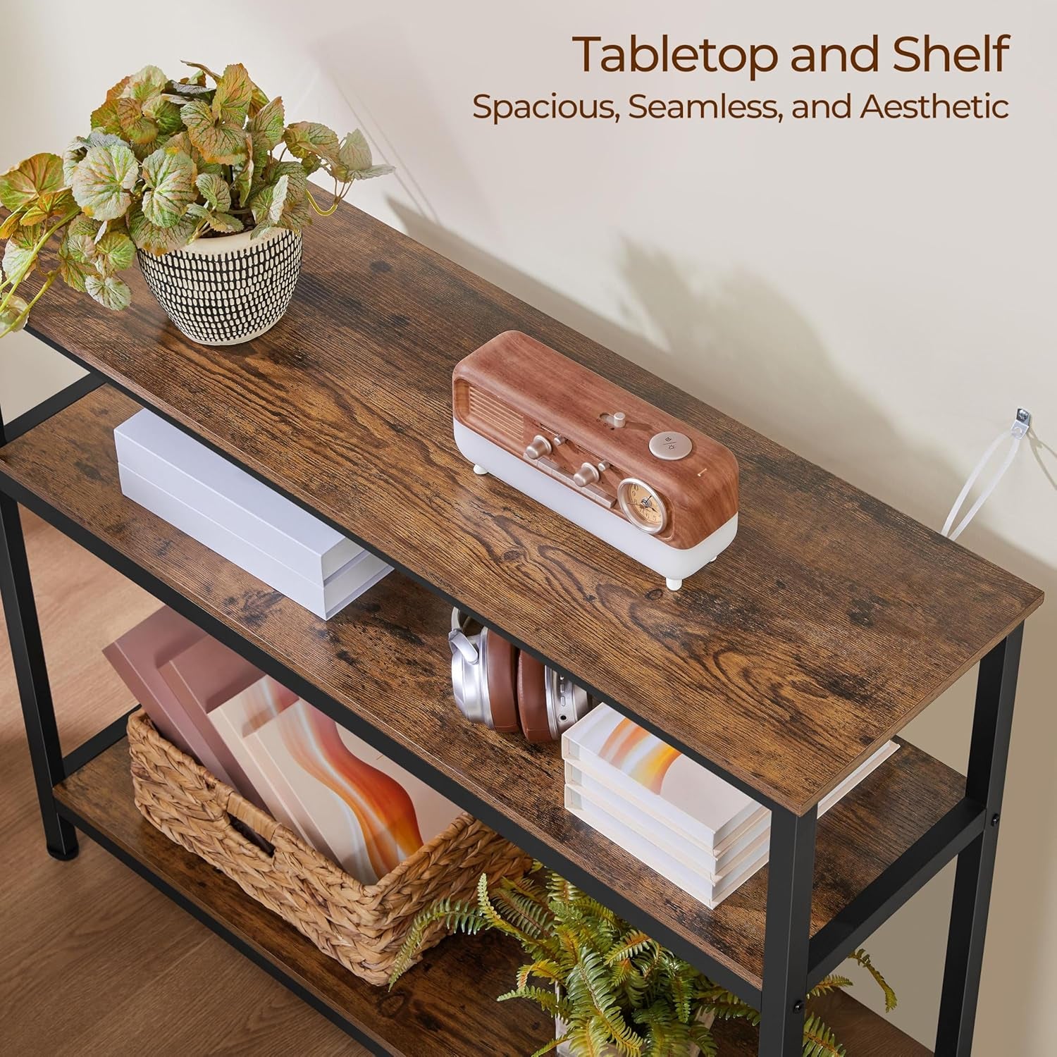 Industrial Console Table, 3 Tier Entryway Table with Storage Shelves, Narrow Sofa Tables for Living Room, Foyer, Hallway, Entrance, Metal Frame, Rustic Brown