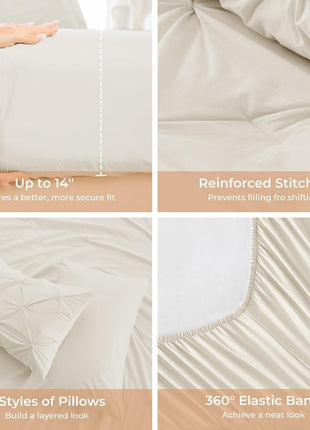 7-Piece Queen Comforter Set, All-Season Pintuck Bedding Ensemble in Beige, Includes Comforter, Flat Sheet, Fitted Sheet, Pillowcases, and Pillow Shams