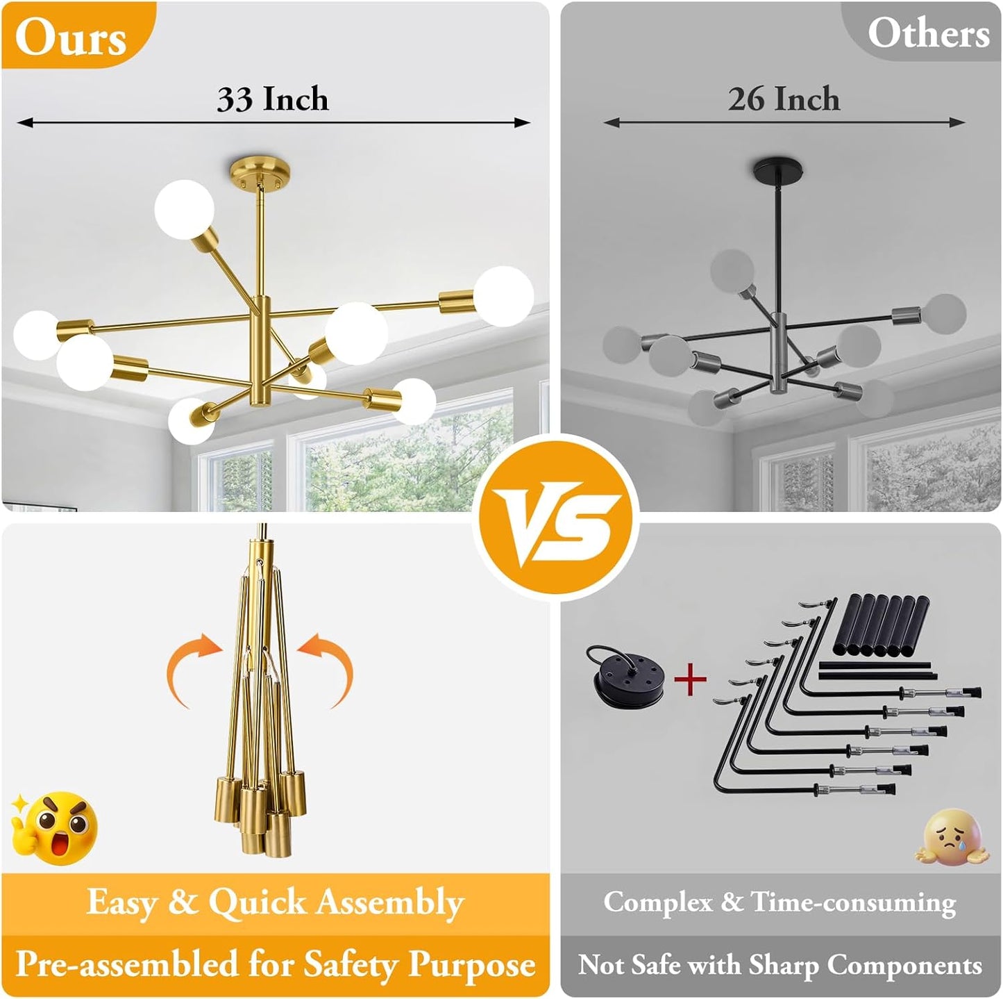 8-Light Modern Sputnik Chandelier, Mid Century Gold Chandeliers Lighting, Farmhouse Ceiling Hanging Light Fixture for Dining Room Bedroom Living Room Kitchen Foyer, Height Adjustable