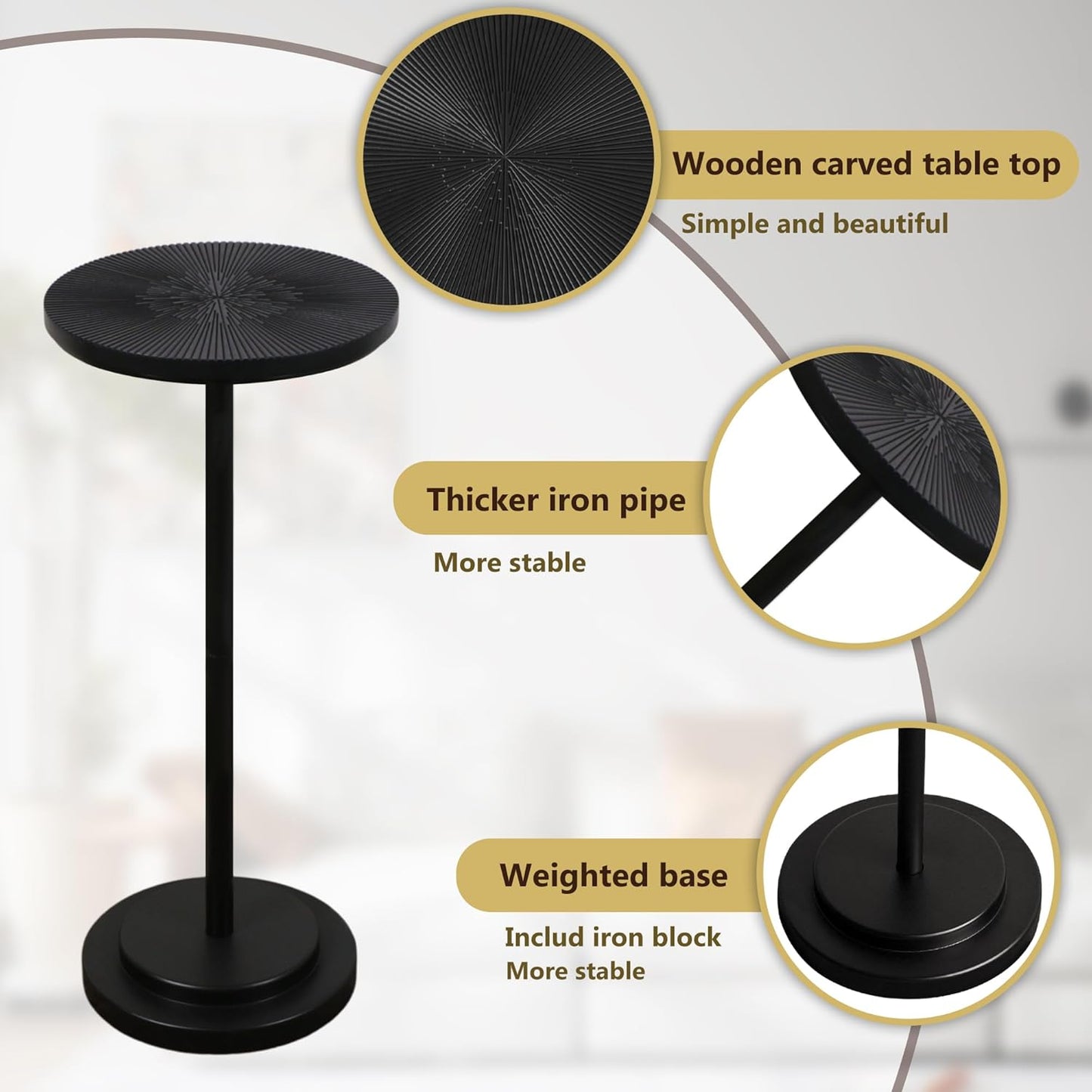 Drink Table, Carved Table Top Martini Table, Small Side Table, Weighted Base Pedestal Table for Living Room, Bedroom, Modern, Black