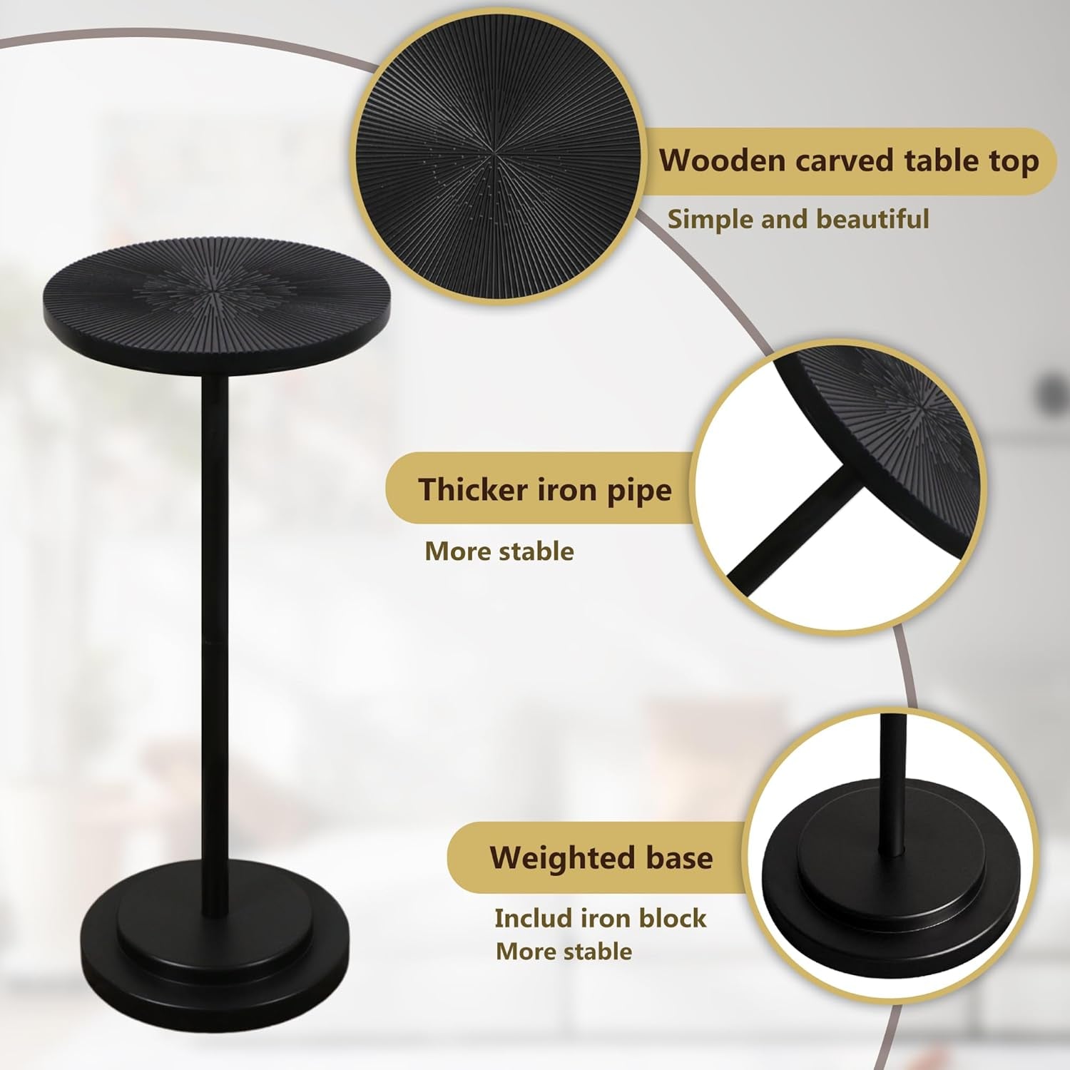 Drink Table, Carved Table Top Martini Table, Small Side Table, Weighted Base Pedestal Table for Living Room, Bedroom, Modern, Black