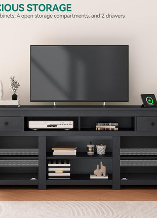70-Inch Modern TV Stand for 75/80 Inch Televisions, Entertainment Center with Drawers and Power Outlet, Black Console for Living Room (30-Inch Height)