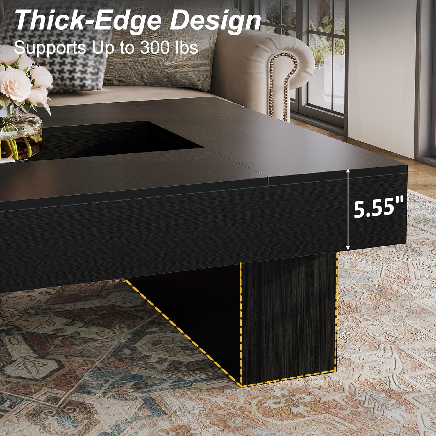 Black Coffee Table, Modern Wood Led Living Room Table with Storage, Unique Large Wide Rectangle Center Table with LED Light, Contemporary Low Tea Table for Bedroom Home Office, 47.24 In, Black Oak