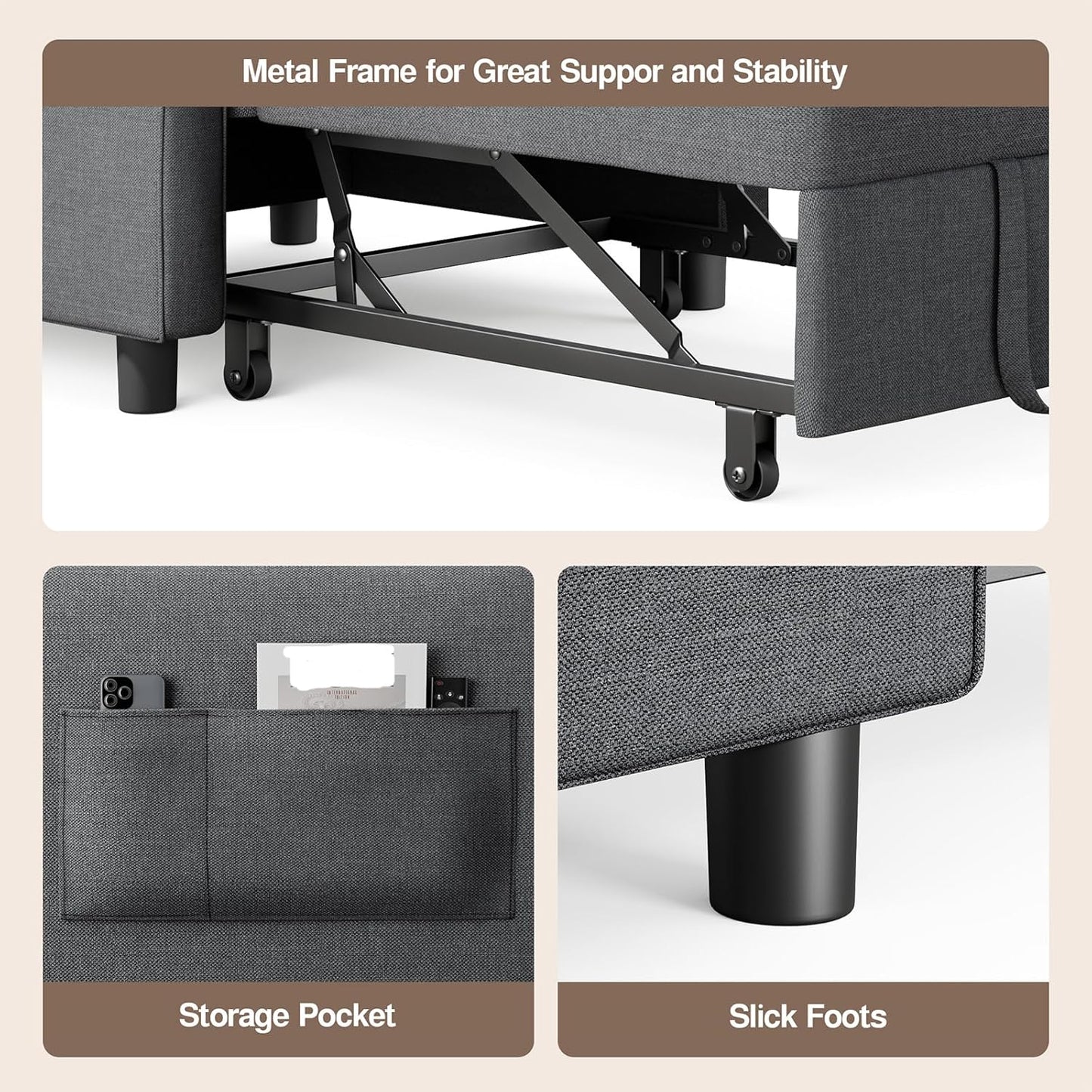 Convertible Sofa Bed, 3-In-1 Multi-Functional Sleeper Chair Bed, Adjustable Backrest Recliner with Modern Linen Fabric for Living Room Bedroom Apartment Small Space, Dark Grey