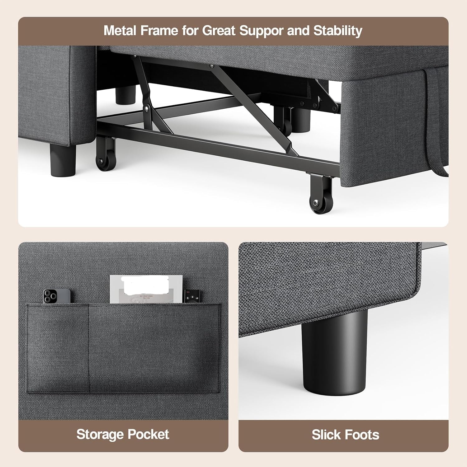 Convertible Sofa Bed, 3-In-1 Multi-Functional Sleeper Chair Bed, Adjustable Backrest Recliner with Modern Linen Fabric for Living Room Bedroom Apartment Small Space, Dark Grey