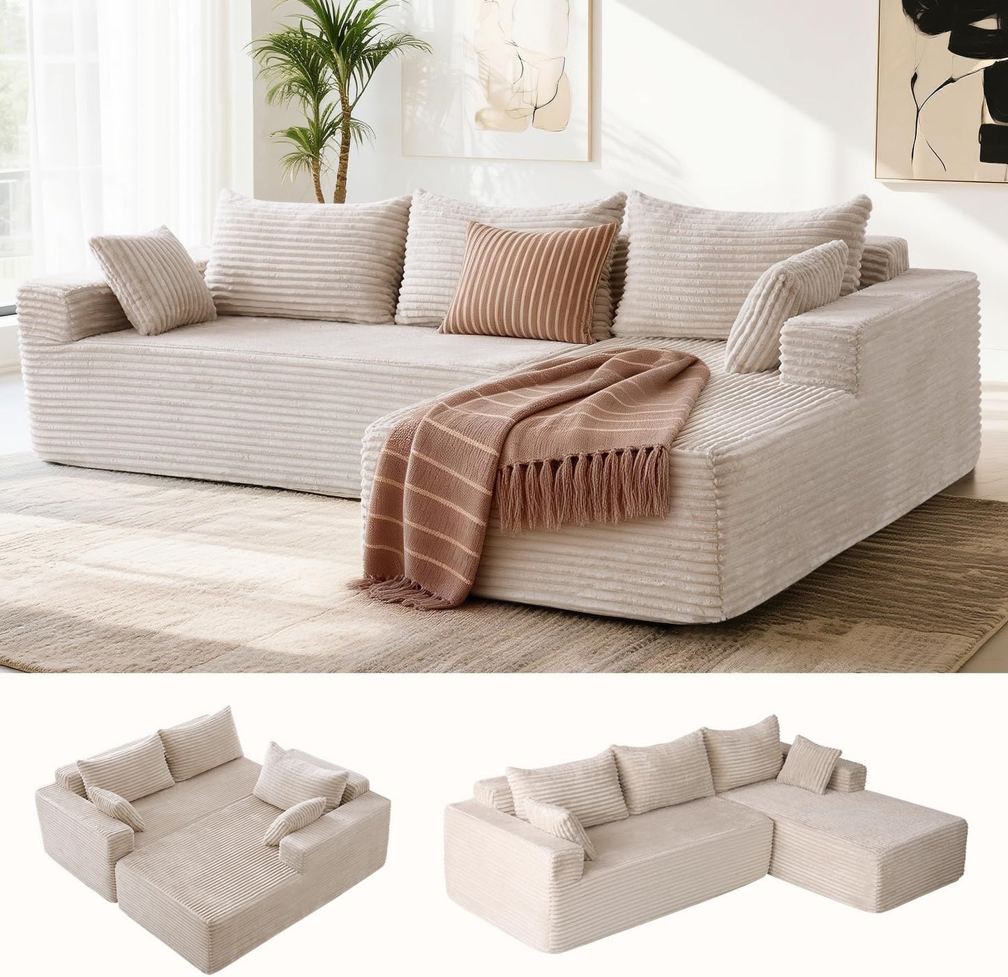 105" Cloud Sectional Couch with L-Shape Chaise,Modern Modular Sofa with Deep Seat, Upholstered Couches for Living Room Bedroom,No Assembly Required, Beige(Plush Corduroy Fabric)