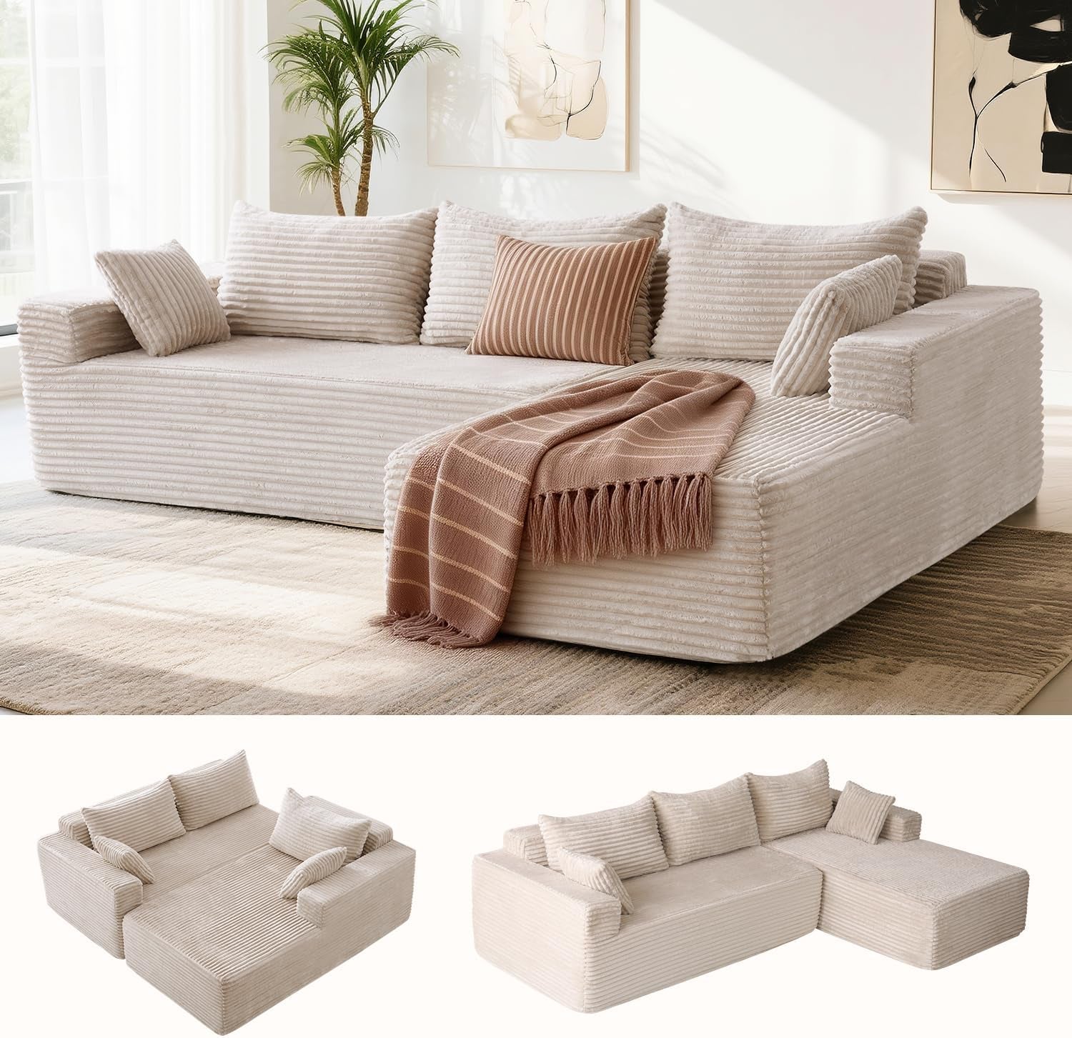 105" Cloud Sectional Couch with L-Shape Chaise,Modern Modular Sofa with Deep Seat, Upholstered Couches for Living Room Bedroom,No Assembly Required, Beige(Plush Corduroy Fabric)