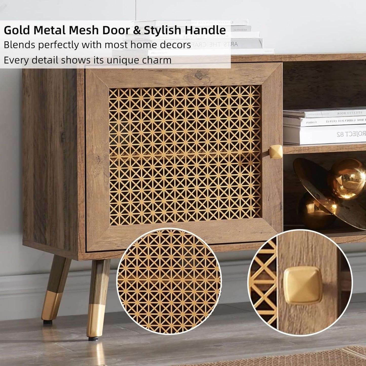 66 Inch TV Stand for 70 Inch Tvs, Mid Century Modern Media Console, Long Entertainment Center with Storage Cabinet, Oak Wood Grain Finish for Rustic & Farmhoue Living Room Decor