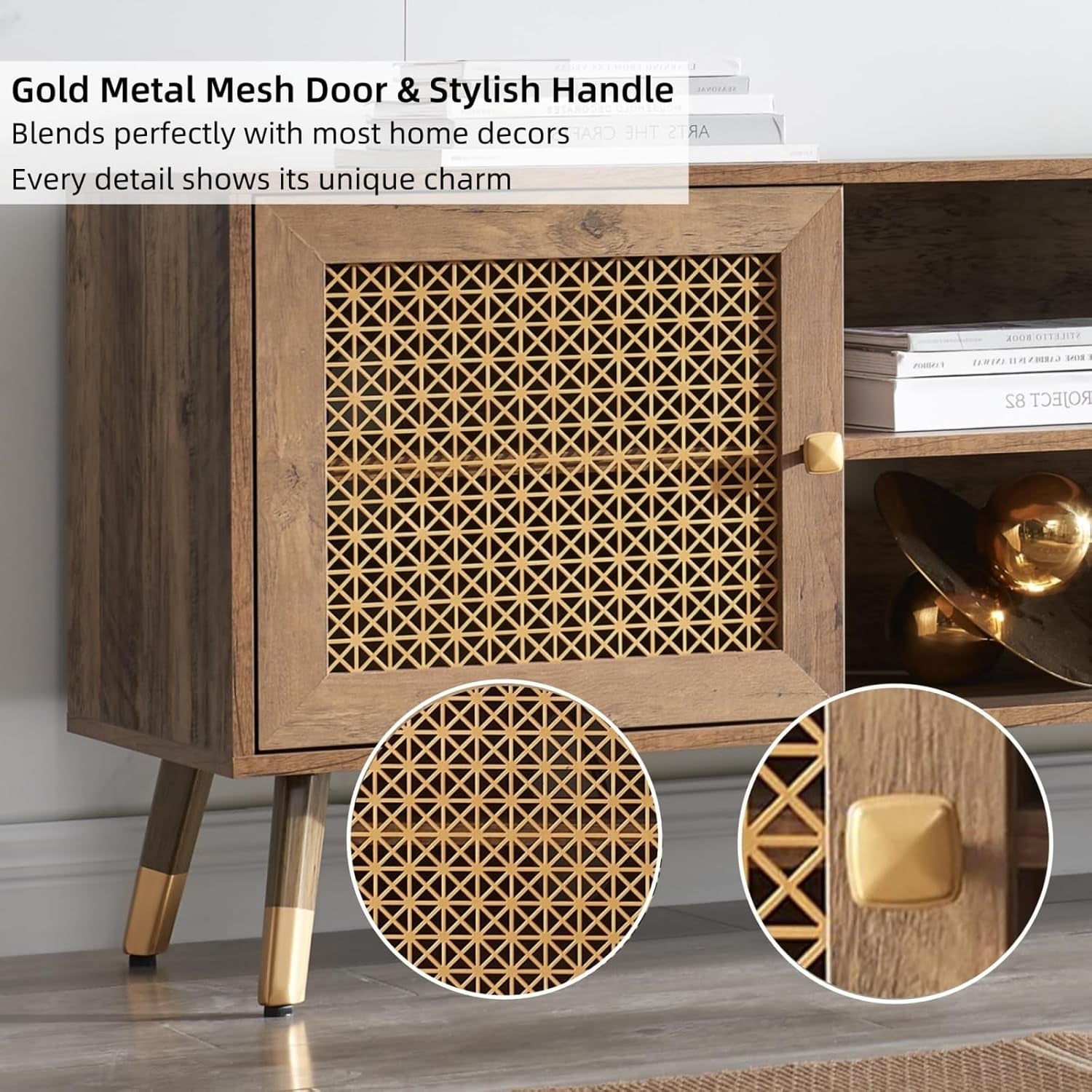 66 Inch TV Stand for 70 Inch Tvs, Mid Century Modern Media Console, Long Entertainment Center with Storage Cabinet, Oak Wood Grain Finish for Rustic & Farmhoue Living Room Decor