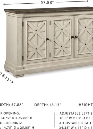 Bolanburg French Country Dining Room Server by Signature Design by Ashley, Featuring 3 Doors and 2 Adjustable Shelves, Wood Construction, Dimensions: 57.88" W x 18.13" D x 36" H, Elegant Two-Tone White and Brown Finish