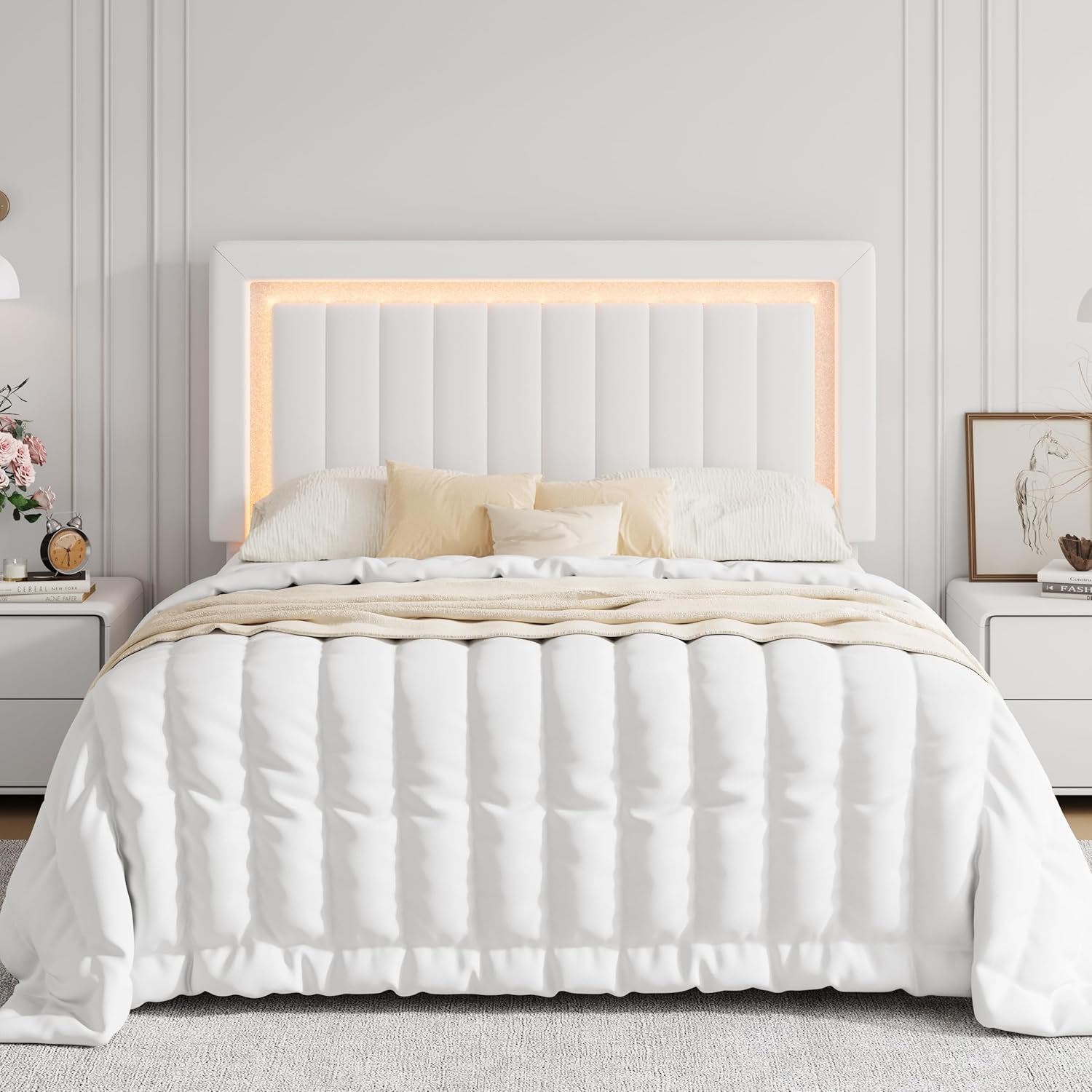 Queen Size Velvet Bed Frame with LED Light, Adjustable Vertical Channel Tufted Headboard, Strong Wooden Slats Support, Noise-Free, No Box Spring Needed, White