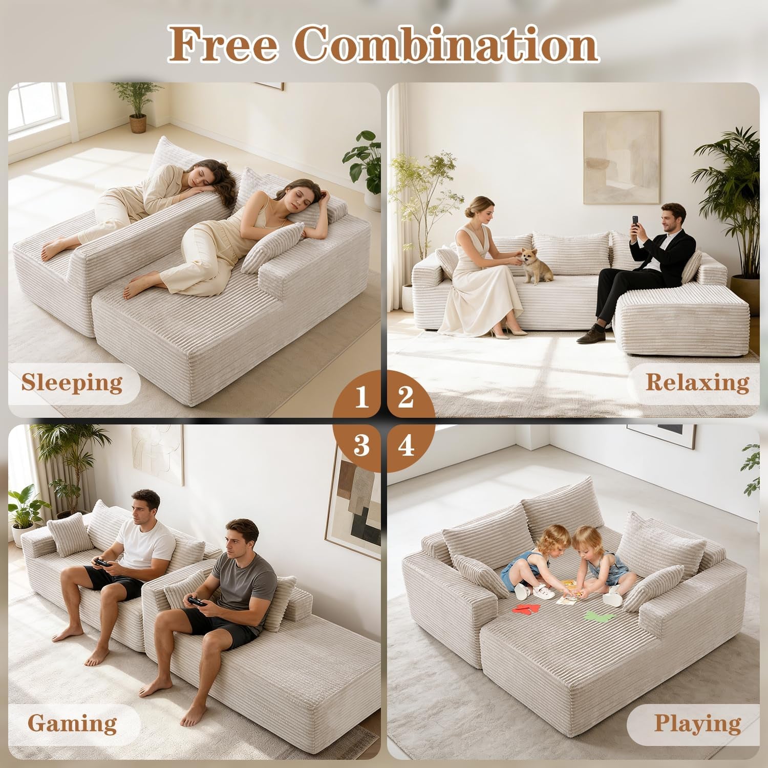 105" Cloud Sectional Couch with L-Shape Chaise,Modern Modular Sofa with Deep Seat, Upholstered Couches for Living Room Bedroom,No Assembly Required, Beige(Plush Corduroy Fabric)