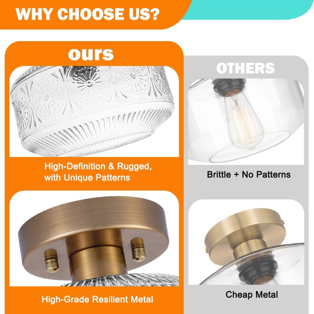 DSMJFU Semi Flush Mount Ceiling Light, Vintage Small Ceiling Light Fixture, Thickened Glass Hallway Lighting Fixture, Brass Kitchen Ceiling Mount Light for Entry Way, Bedroom, Bathroom, Porch