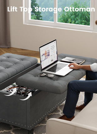 35-Inch Large Square Ottoman with Storage – Oversized Lift-Top Coffee Table Featuring Wood Legs and Tufted Upholstered Design for Living Room in Gray