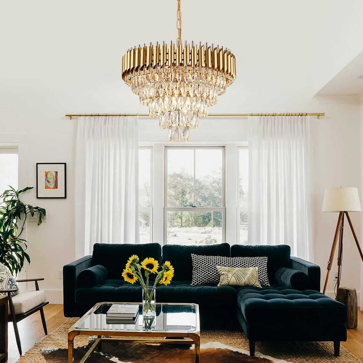 AXILIXI Modern Crystal Chandelier Gold, 24" round Chandeliers for Dining Room K9 5 Tiers Ceiling Pendant Light Fixtures Golden Large Raindrop Flush Mount Chandelier for Foyer Living Room Staircase