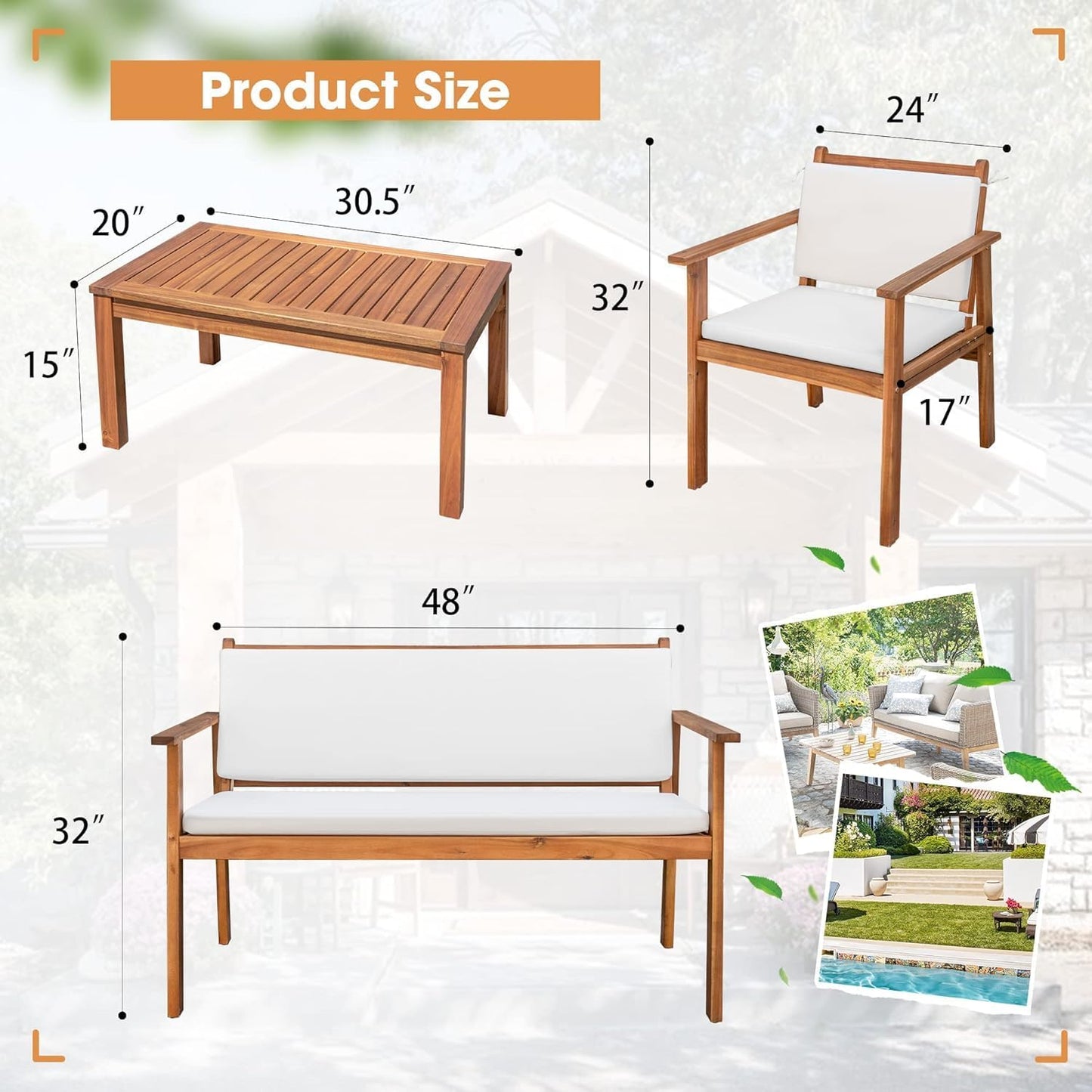 Patio Furniture 4 Piece Acacia Wood Outdoor Conversation Sofa Set with Table & Cushions Porch Chairs for Garden, Deck, Backyard, Natural