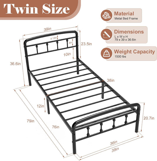 Metal Twin Bed Frames,1500 Lbs Heavy Duty Bed Frames with Headboard,Noise-Free Design & 12" Underbed Storage,No Box Spring Needed/Tool-Free Assembly