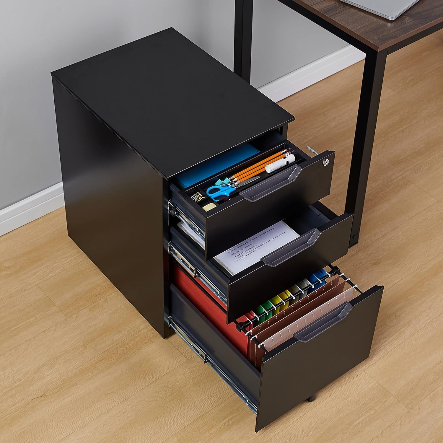 Mobile File Cabinet, Black, 20.71" D X 15.51" W X 24.29" H | with Lock, 3 Drawer