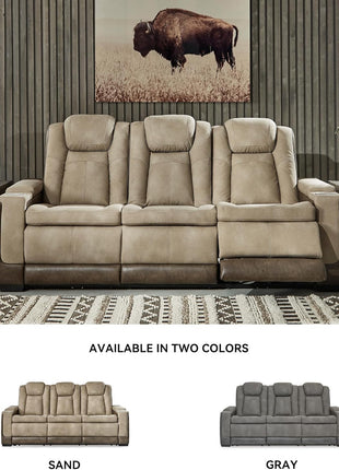 Signature Design by Ashley Next-Gen Durapella Power Reclining Sofa with Wireless & USB Charging, Zero-Gravity Feature, Adjustable Headrest, Water-Repellent Faux Leather, Drop-Down Table in Beige/Brown, 86 Inches