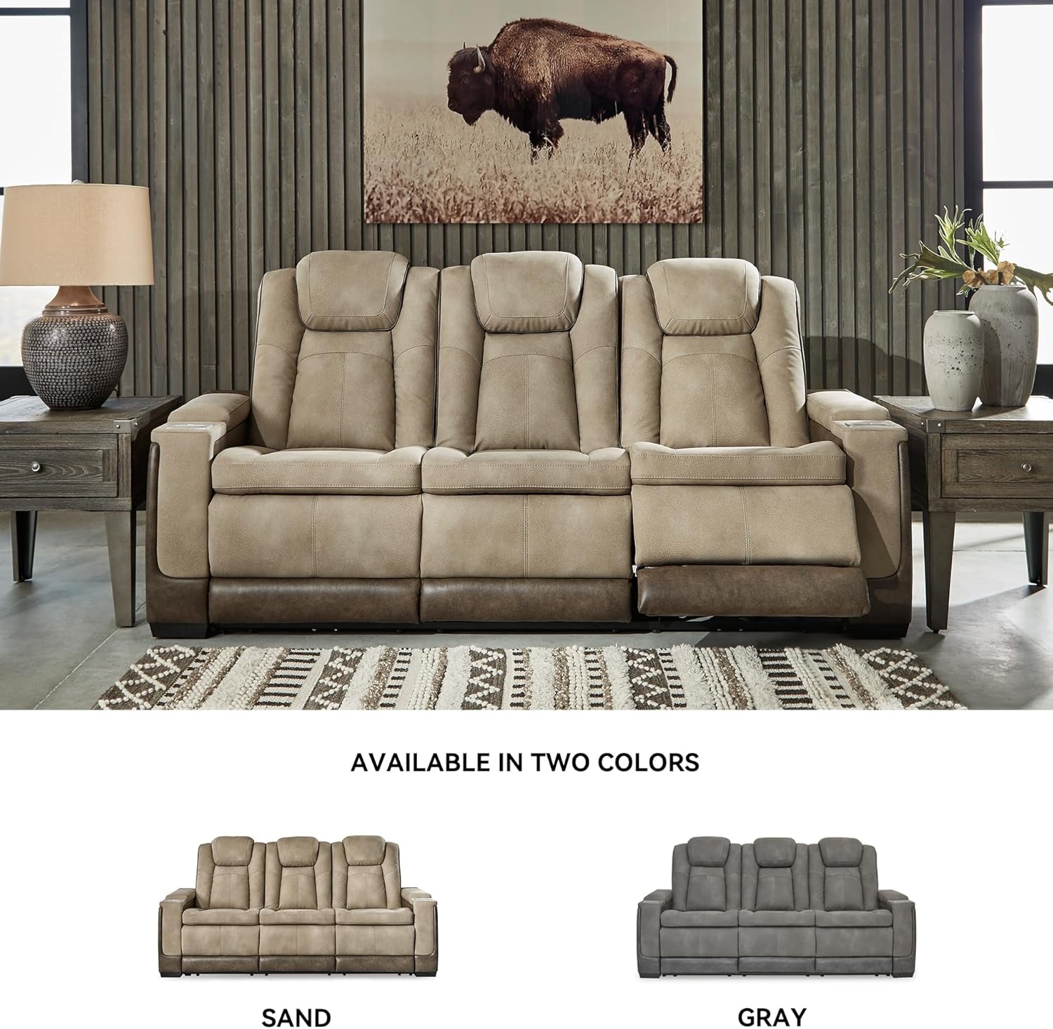 Next-Gen Durapella Power Reclining Sofa – Wireless & USB Charging, Zero-Gravity, Adjustable Headrest, Water-Repellent Faux Leather, Drop-Down Table, Beige/Brown, 86”