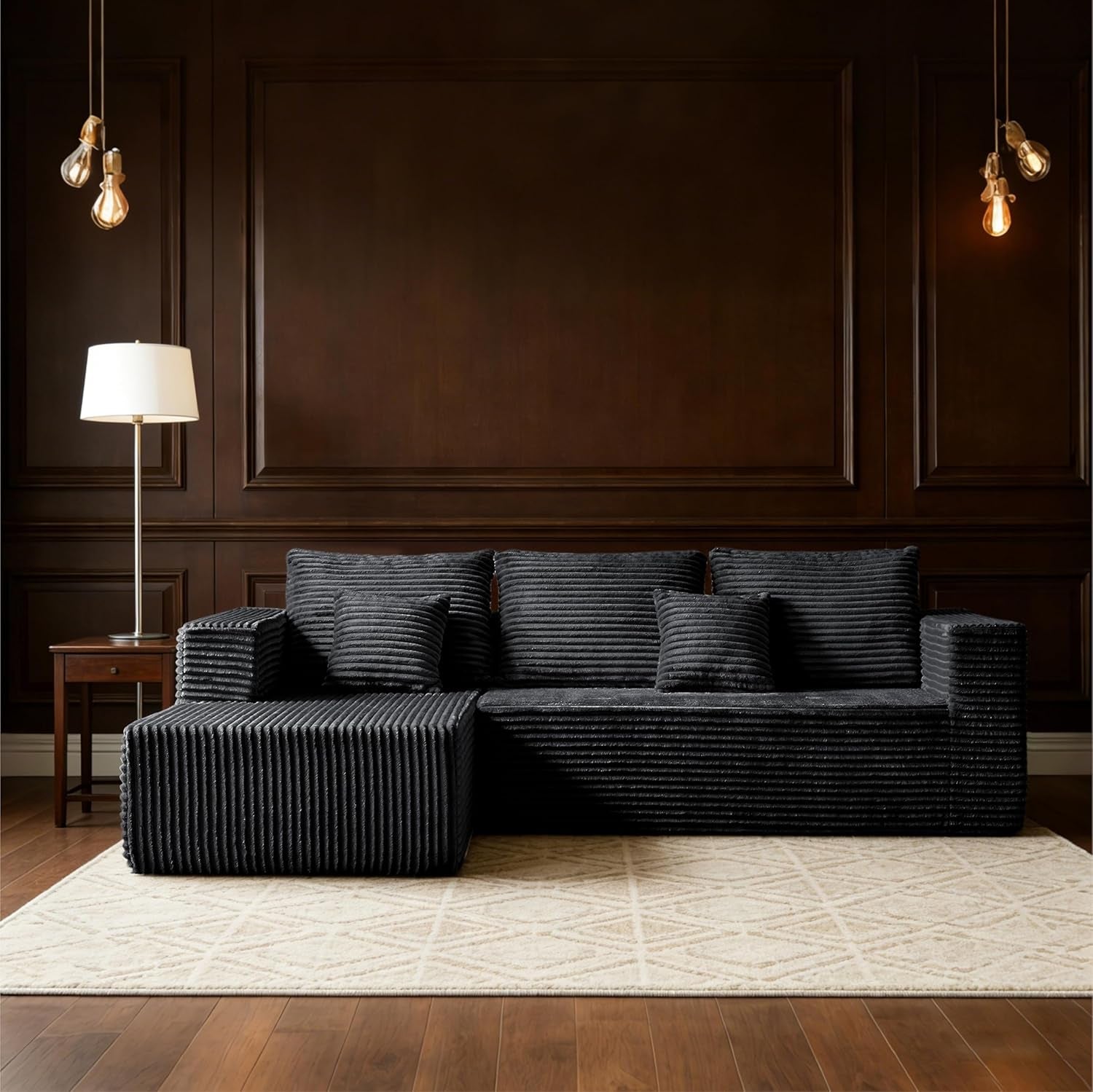 106" Black Corduroy Boneless Modular Sectional Sofa, Cloud-Louch Deep Seat Sofa with Left Chaise for Living Room & Bedroom（L-Shaped Left Facing Chaise）