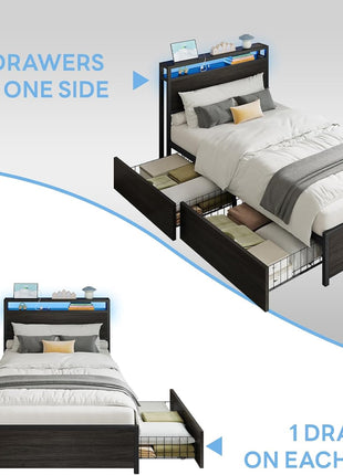 Twin XL Bed Frame with DIY Storage Drawer Configuration, Headboard Featuring 2-Tier Shelves, Charging Station, and LED Lighting, Ideal for Teen Rooms, Small Apartments, and Bedrooms, Black