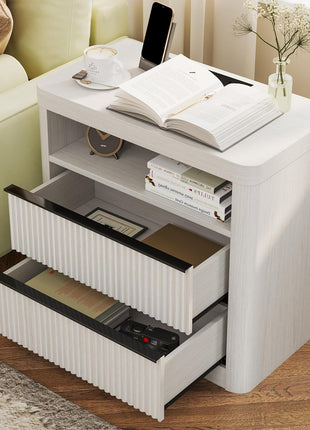 Set of 2 Fluted Nightstands with Drawer Storage, Modern Bedside Tables with USB Port and Outlet, Mid-Century Design for Bedroom and Sofa (White Oak)