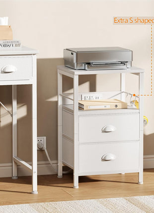 End Table with Built-in Charging Station, Fabric Drawer Nightstand, USB Port and Outlet, Storage Shelf and Hook for Living Room and Bedroom, White