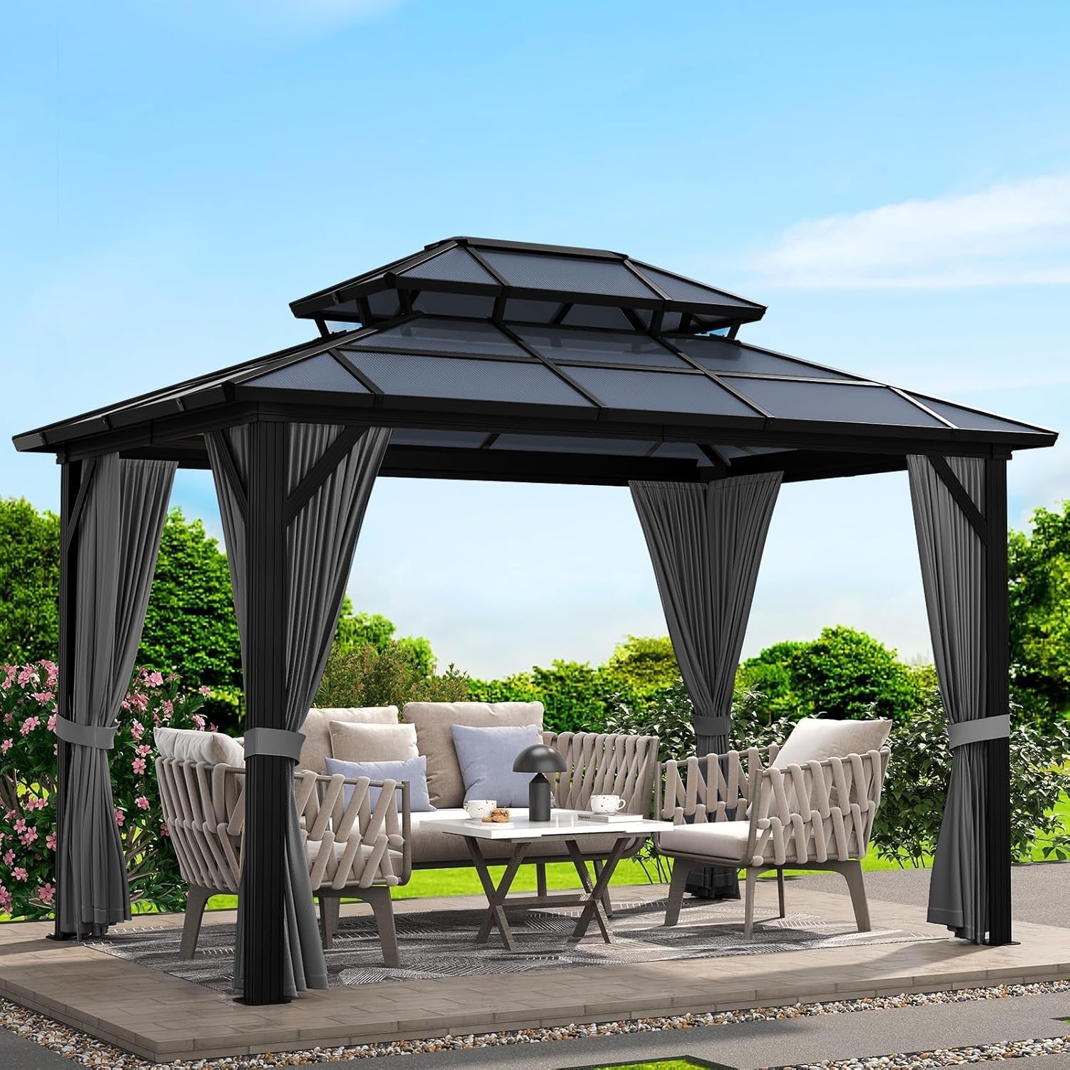 12'X10' Hardtop Gazebo, Heavy Duty Aluminum Permanent Hardtop Gazebo Outdoor Pavilion with Curtains and Netting for Garden (Gray, PC Top / 12'X10')