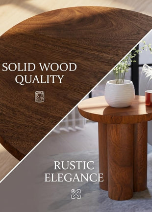 Gaia Round End Table - Solid Mango Wood for Rustic Elegance in Living Room and Farmhouse Décor - Versatile Side Table and Nightstand in Walnut Finish