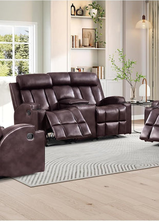 Premium PU Leather Manual Recliner Chair for Adults with Cup Holders and Padded Backrest, Overstuffed Heavy Duty Reclining Sofa for Living Room and Bedroom, Black
