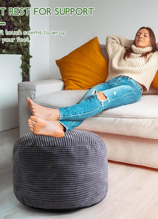 Round Corduroy Pouf Ottoman with Foam Filling - Fluffy Footstool and Storage Solution, 20 x 15 Inches, Dark Grey