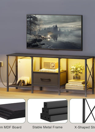 Industrial LED TV Stand with Fabric Drawer and Open Shelving for 50-55 Inch TVs, Black Entertainment Center for Living Room and Bedroom