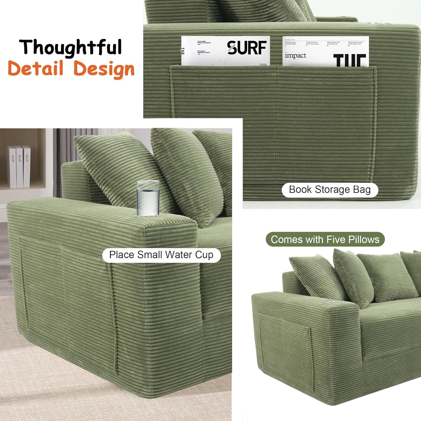 76" Convertible Sofa Bed, 2-In-1 Boneless Sleeper Sofa with Cup Holder & Pocket, Corduroy Pull Out Couch with 5 Pillows, Couch Bed for Living Room, Small Spaces, Bedroom, No Assembly