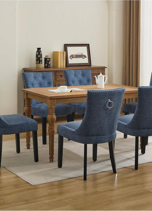 Set of 2 Upholstered Tufted Dining Chairs with Nailhead Trim and Solid Wood Legs in Dark Blue Fabric