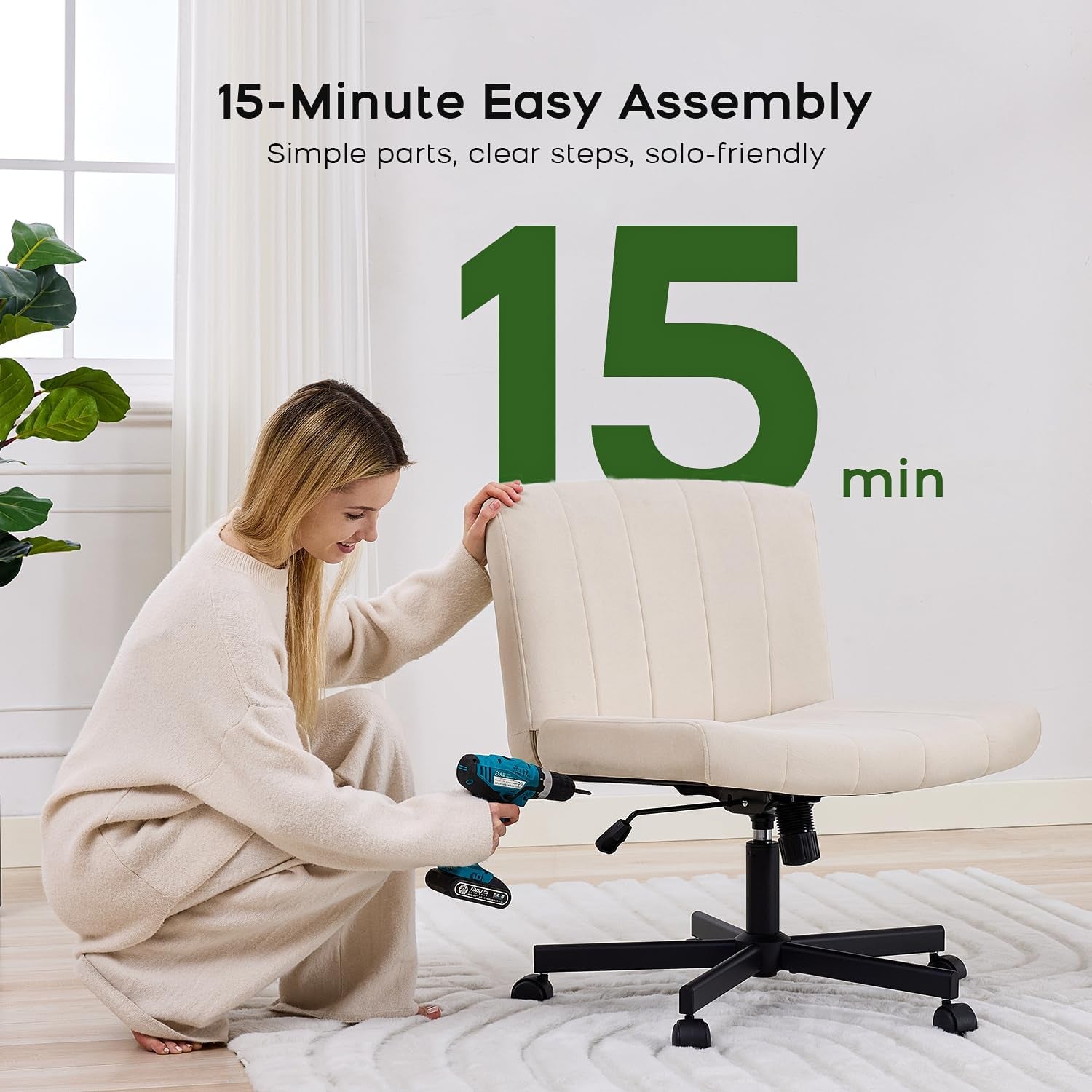 Criss Cross Chair with Wheels, Wide Cross Legged Desk Chair, Comfy Fabric Vanity Chair for Home Office Bedroom, Adjustable Armless Swivel Task Chair with 90–115° Tilt, Beige