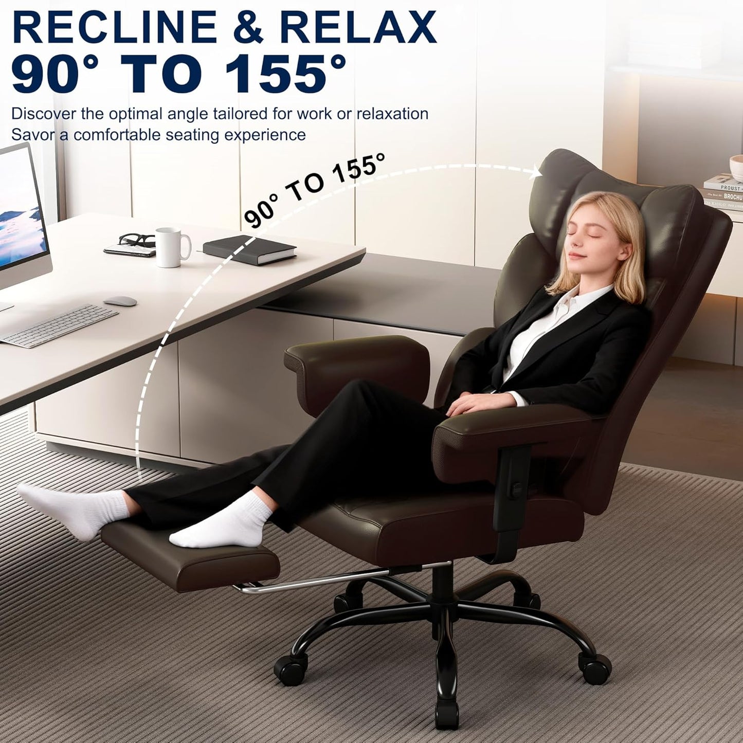 Big and Tall Office Chair with Footrest, High Back Executive Desk Chair with Adjustable Lift Armrest, 155°Recline，Lumbar Support Pillow, Faux Leather Gaming Chairs for Home or Office Brown