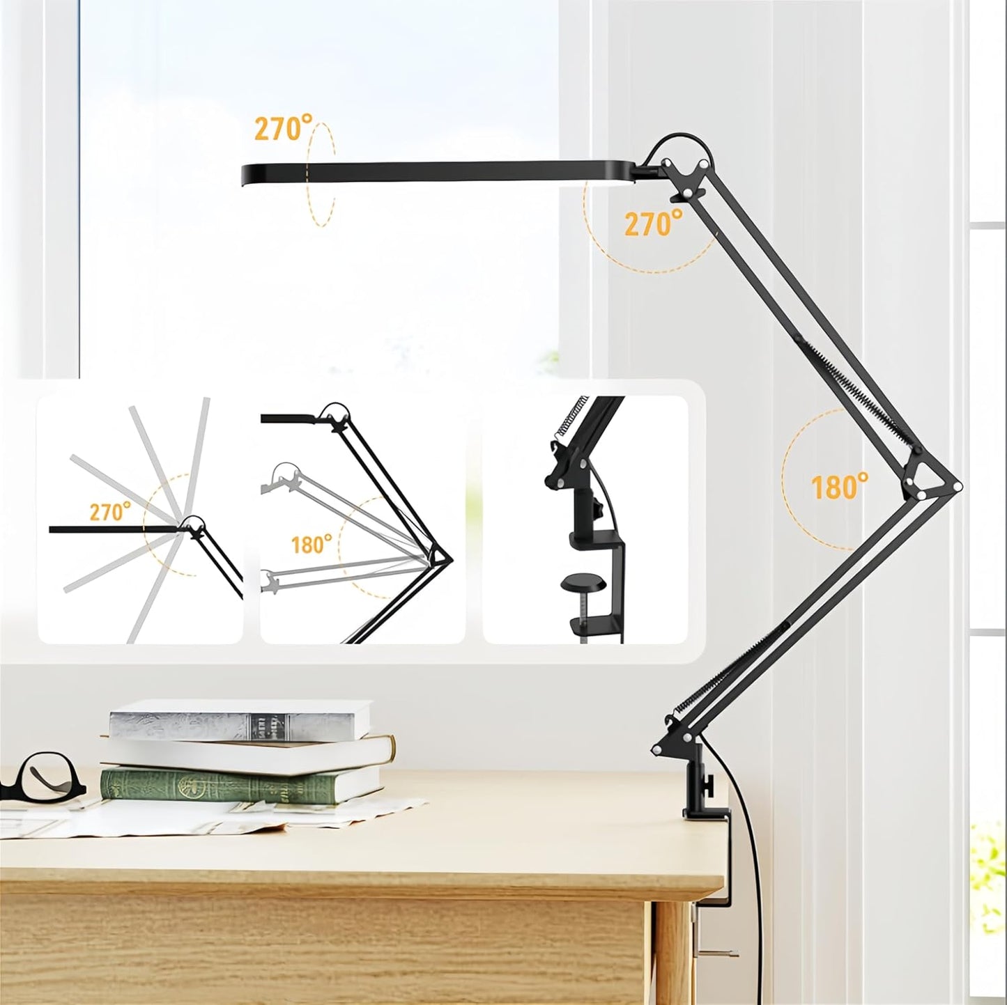 Desk Lamp for Home Office, Eye Comfortable LED Desk Light for Long Hours, Adjustable Swing Arm with Memory Function, Black