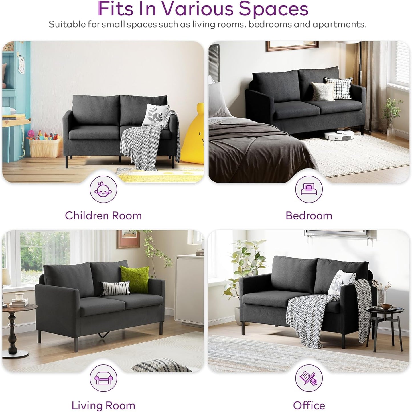 Linen Fabric Modern Small Loveseat Sofa Couch for Living Room, 51" W Little Upholstered 2-Seater Mini Love Seats W/Iron Legs for Small Space, Apartment, Bedroom, Dorm, Office (Dark Grey)